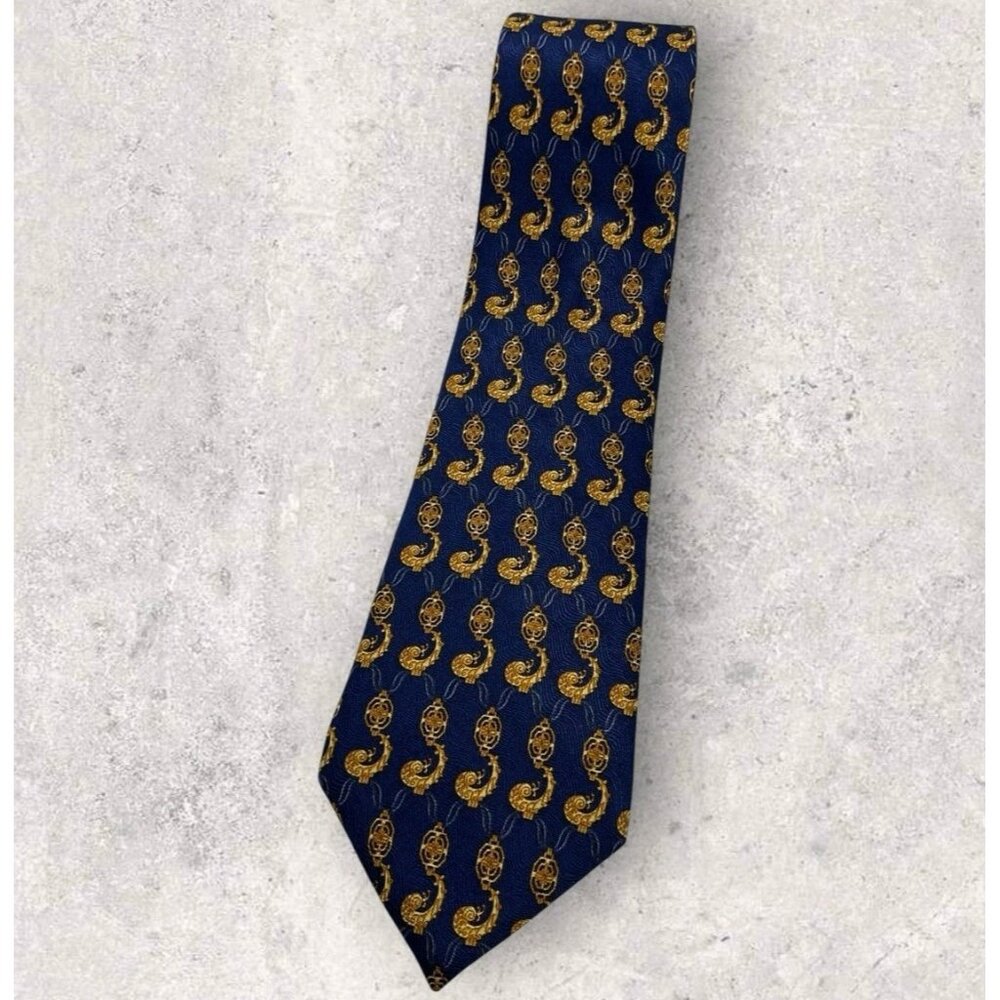 DORMEUIL Silk Tie ITALY Navy Blue Gold Baroque W:3.8" EUC